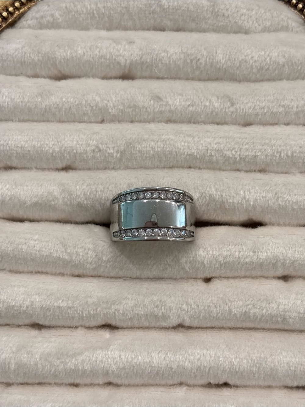 Elegant Vintage Silver Wide Band Ring with Pave Crystals